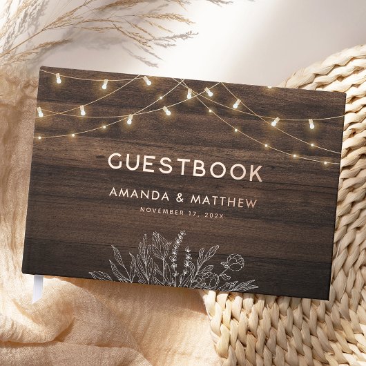 Rustiek Hout String Lights Wedding Gold Folie Gastenboek