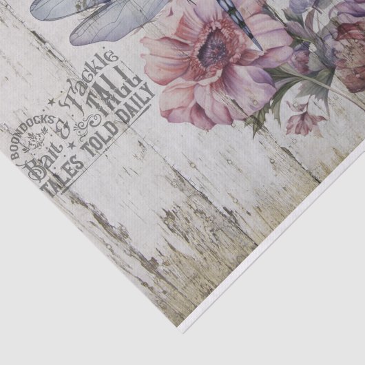 Rustiek Hout Teken Dragonfly op Bloemen Tissuepapier (Detail)