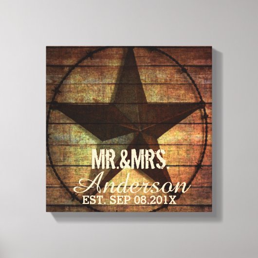 Rustiek hout Texas Star western bruiloft Mr en Mrs Canvas Afdruk (Voorkant)