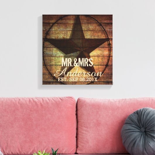 Rustiek hout Texas Star western bruiloft Mr en Mrs Canvas Afdruk (Insitu (Woonkamer))