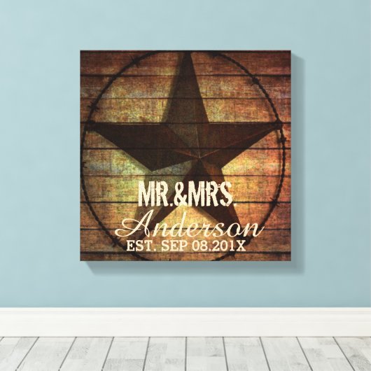 Rustiek hout Texas Star western bruiloft Mr en Mrs Canvas Afdruk (Insitu (Houten vloer))
