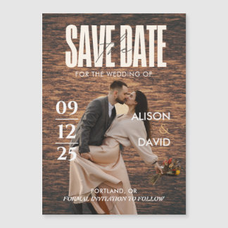 Rustiek hout tijdschrift foto opslaan de datum bru magnetische uitnodiging