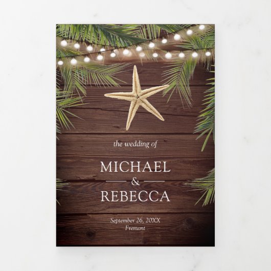 Rustiek hout tropische palm bladeren zeesterren br drieluik uitnodiging (Cover)