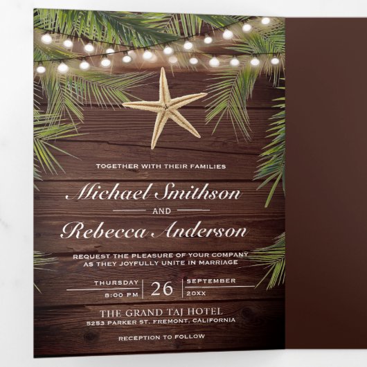 Rustiek hout tropische palm bladeren zeesterren br drieluik uitnodiging (Binnenzijde eerst)