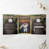 Rustiek Hout Tropische Palm Leaf Zand Dollar Bruil Drieluik Uitnodiging (Binnen)