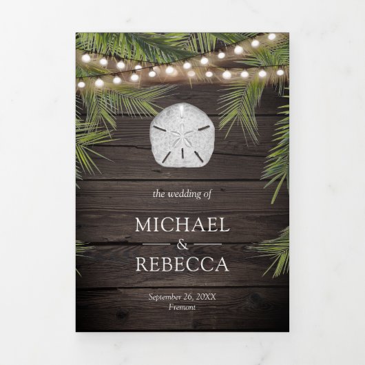 Rustiek Hout Tropische Palm Leaf Zand Dollar Bruil Drieluik Uitnodiging (Cover)