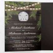 Rustiek Hout Tropische Palm Leaf Zand Dollar Bruil Drieluik Uitnodiging (Binnenzijde eerst)