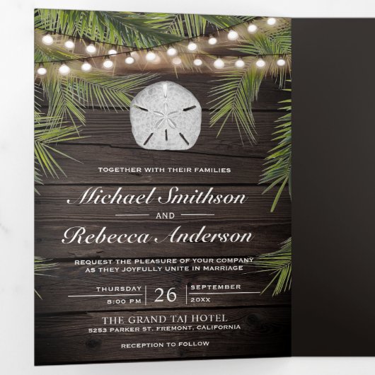 Rustiek Hout Tropische Palm Leaf Zand Dollar Bruil Drieluik Uitnodiging (Binnenzijde eerst)