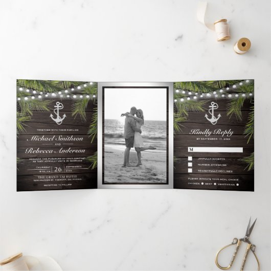 Rustiek hout tropische palmbladeren anker bruiloft drieluik uitnodiging (Binnen)