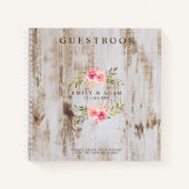 Rustiek Hout Trouwen Guestbook Roze Bloemen Krans Notitieboek (Voorkant)