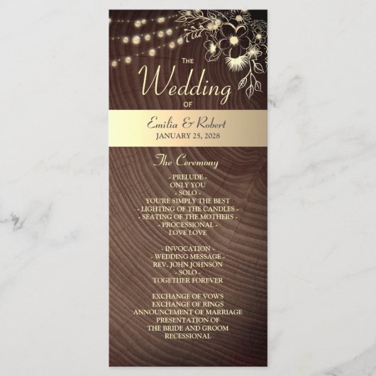 Rustiek Hout Trouwprogramma met String Lights Programmakaart (Voorkant)