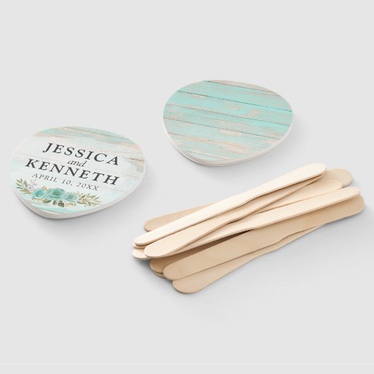 Rustiek hout Turquoise Bloemen Namen & Trouwdatum Handwaaier (Niet-gemonteerd)