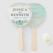 Rustiek hout Turquoise Bloemen Namen & Trouwdatum Handwaaier (Voorkant en achterkant)