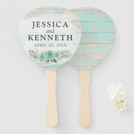 Rustiek hout Turquoise Bloemen Namen & Trouwdatum Handwaaier