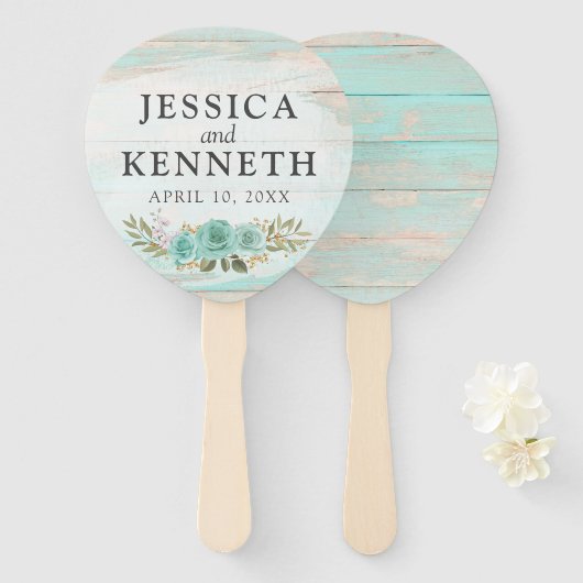 Rustiek hout Turquoise Bloemen Namen & Trouwdatum Handwaaier (Voorkant en achterkant)