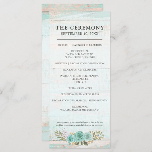 Rustiek Hout Turquoise Bloemen Rozen Trouwprogramm Programmakaart (Voorkant / Achterkant)