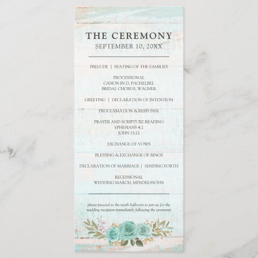 Rustiek Hout Turquoise Bloemen Rozen Trouwprogramm Programmakaart (Voorkant)