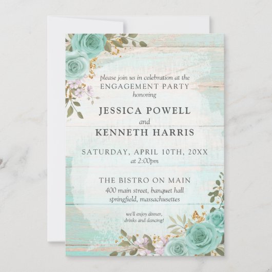 Rustiek hout turquoise bloemen verlovingsfeest kaart (Voorkant)