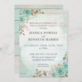 Rustiek hout turquoise bloemen verlovingsfeest kaart (Voorkant / Achterkant)