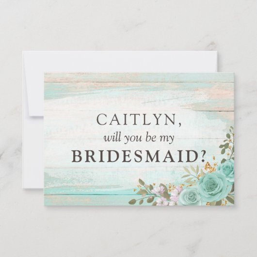 Rustiek hout turquoise bloemenbruids feestvoorstel kaart (Voorkant)
