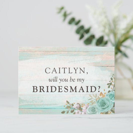 Rustiek hout turquoise bloemenbruids feestvoorstel kaart (Staand voorkant)
