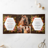 Rustiek hout verbrand Sinaasappel Bloemen Foto Bru Drieluik Uitnodiging (Binnen)