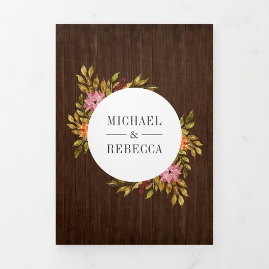 Rustiek hout verbrand Sinaasappel Bloemen Foto Bru Drieluik Uitnodiging (Cover)