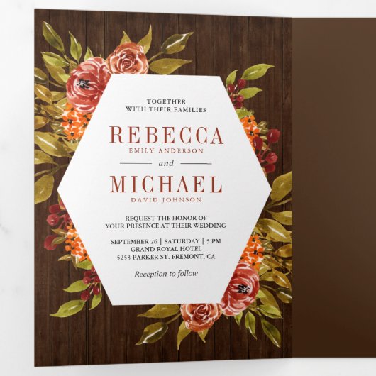 Rustiek hout verbrand Sinaasappel Bloemen Foto Bru Drieluik Uitnodiging (Binnenzijde eerst)