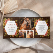 Rustiek hout verbrand Sinaasappel Bloemen Foto Bru Drieluik Uitnodiging