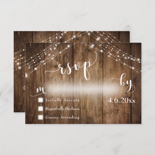 Rustiek hout & verlichting met bruiloft kalligrafi RSVP kaartje (Voorkant / Achterkant)