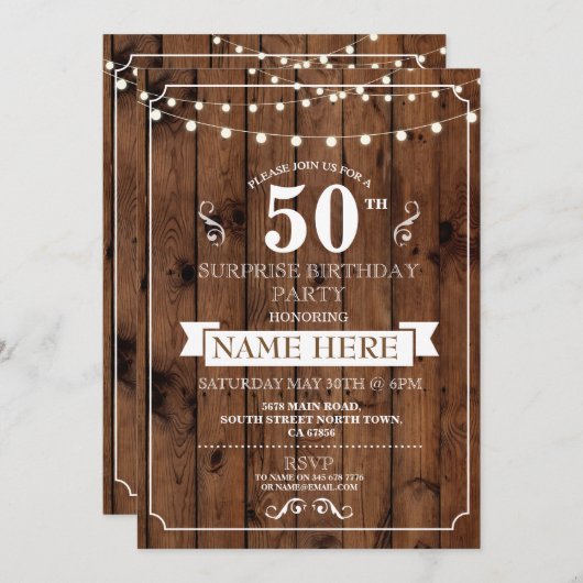 Rustiek Hout Verrassingsfeestje 50e Uitnodigen Kaart (Voorkant / Achterkant)