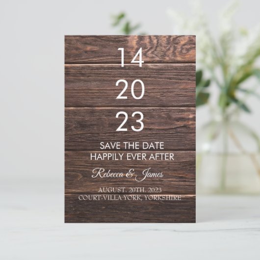 Rustiek hout verweerd gelukkig ooit na vet save the date (Staand voorkant)