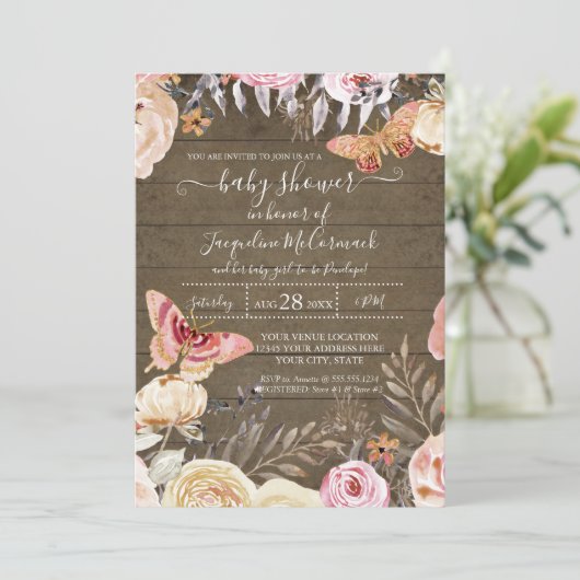 Rustiek Hout Vlinder Roze Waterverf Bloemen Roos Kaart (Staand voorkant)