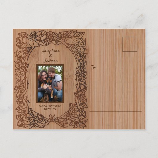 Rustiek Hout  Vogelbloem Foto Bruiloft Aankondigingskaart (Achterkant)