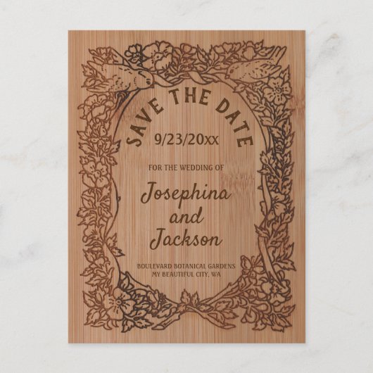 Rustiek Hout  Vogelbloem Foto Bruiloft Aankondigingskaart (Voorkant)