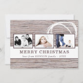 Rustiek hout Vrolijk Kerstfeest 3 Foto Collage Feestdagenkaart (Voorkant)