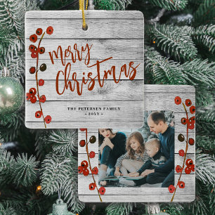 Rustiek hout Vrolijk kerstfeest familie foto aande Keramisch Ornament
