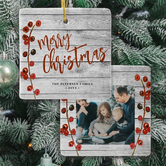 Rustiek hout Vrolijk kerstfeest familie foto aande Keramisch Ornament
