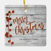Rustiek hout Vrolijk kerstfeest familie foto aande Keramisch Ornament (Voorkant)