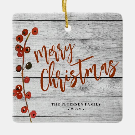 Rustiek hout Vrolijk kerstfeest familie foto aande Keramisch Ornament (Voorkant)