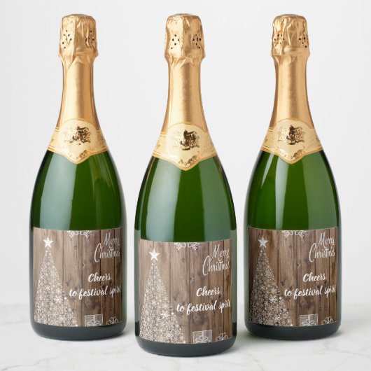 Rustiek Hout Vrolijk Kerstgejuich Sparkling Wijnetiket (Flessen)