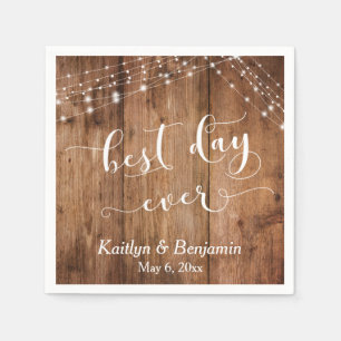 Rustiek hout w / witte lichten, beste dag ooit servet