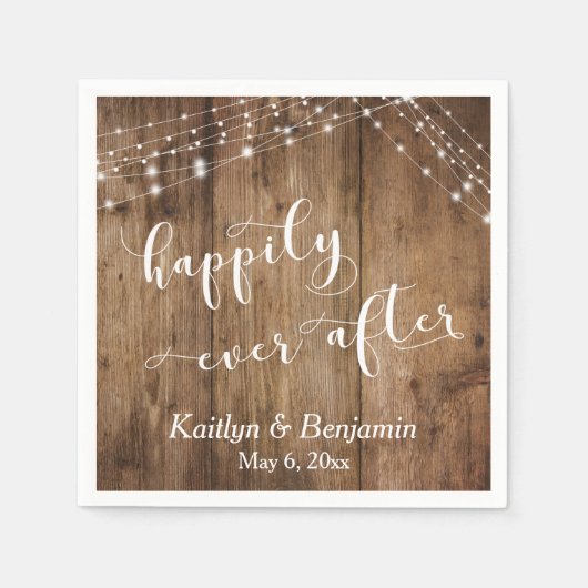 Rustiek hout w / witte lichten, gelukkig ooit daar servet (Voorkant)