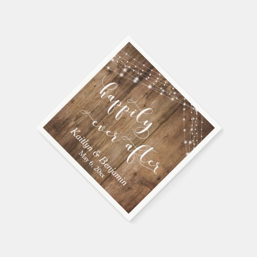 Rustiek hout w / witte lichten, gelukkig ooit daar servet (Hoek)