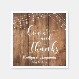 Rustiek Hout w / Witte Lichten, Liefde en Bedankt Servet