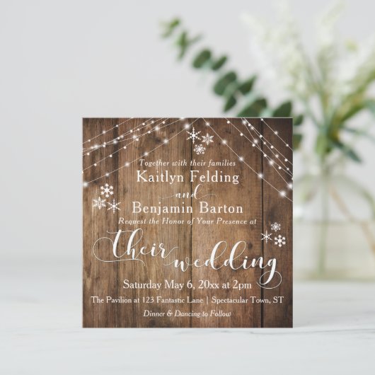 Rustiek Hout w / Witte Lichten & Sneeuwvlokken Tro Kaart (Staand voorkant)