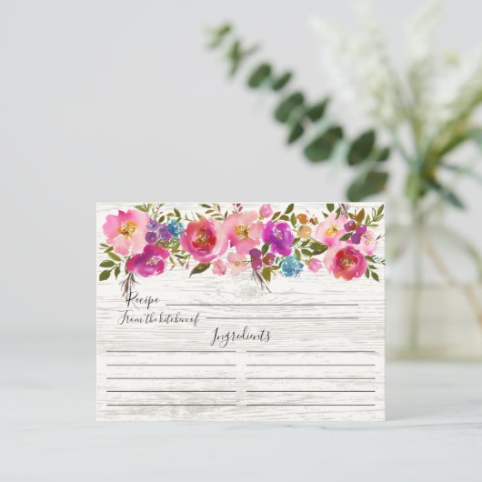 Rustiek Hout Waterverf Bloemen Recept Kaart (Staand voorkant)