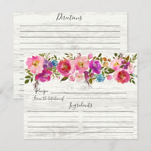 Rustiek Hout Waterverf Bloemen Recept Kaart (Voorkant / Achterkant)