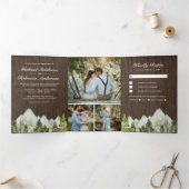 Rustiek Hout Waterverf Mountain Pine Trees Wedding Drieluik Uitnodiging (Binnen)