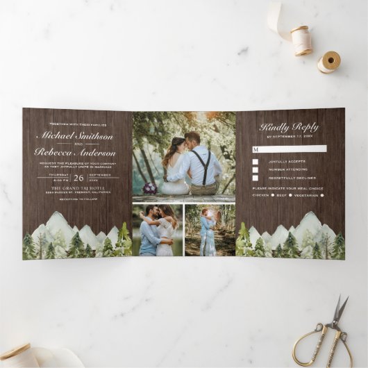 Rustiek Hout Waterverf Mountain Pine Trees Wedding Drieluik Uitnodiging (Binnen)